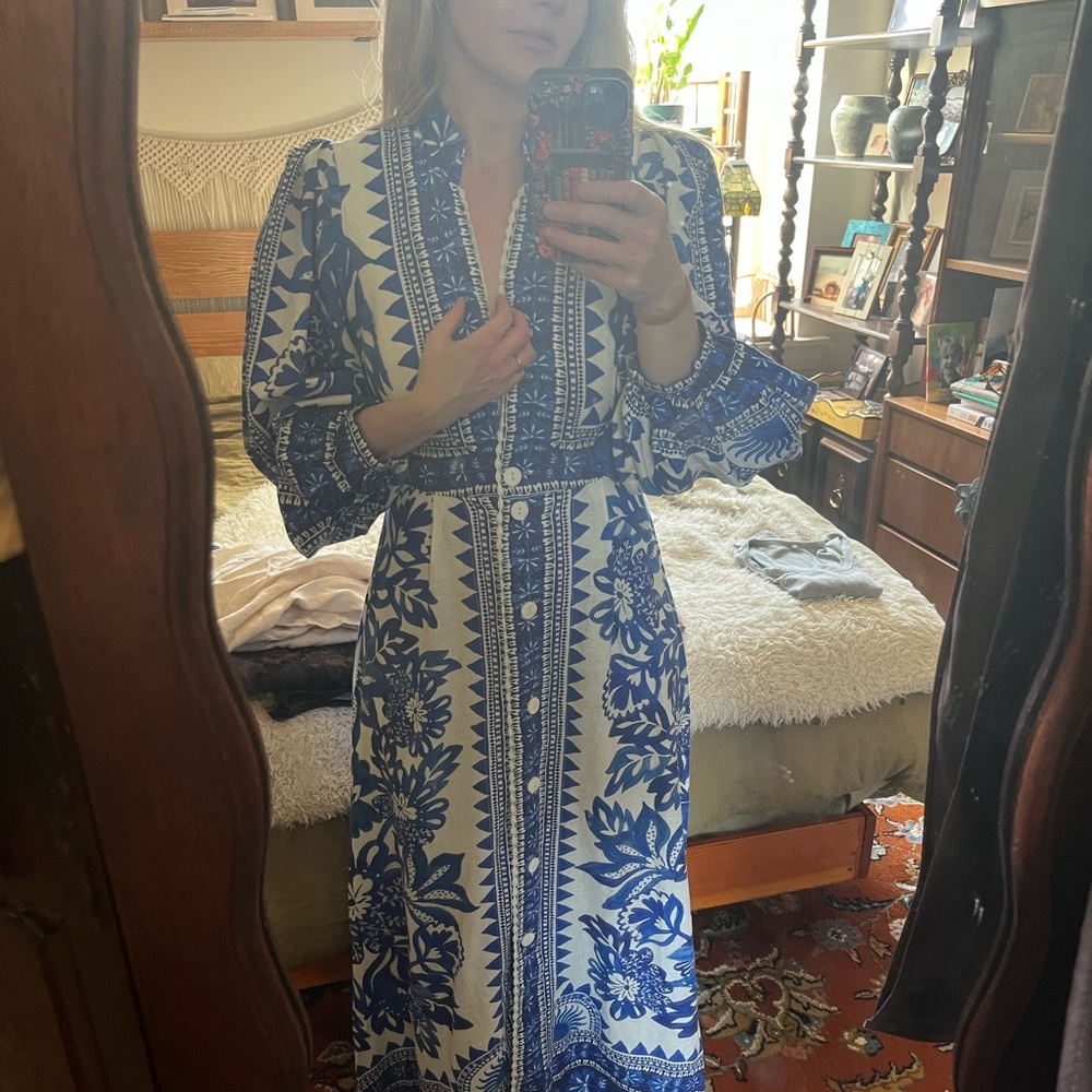 FARM RIO Blue and White Floral Button-Front Maxi Dress - GORGEOUS EASTER DRESS